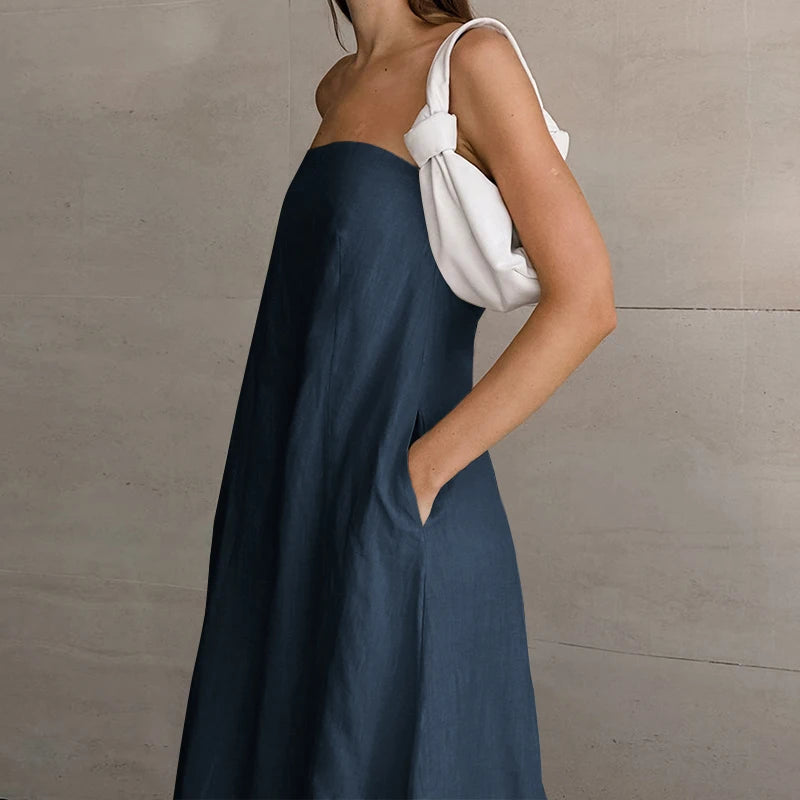 French-Style Women's Cotton-Linen Strapless Dress Chic New Solid Color Off-Shoulder Backless Sexy Casual Summer Dresses Vestido