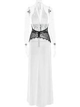 Sexy Deep V-neck Backless Lace Patchwork Satin Dresses for Women 2026 Summer Halter Sleeveless Long Maxi Party Evening Dress