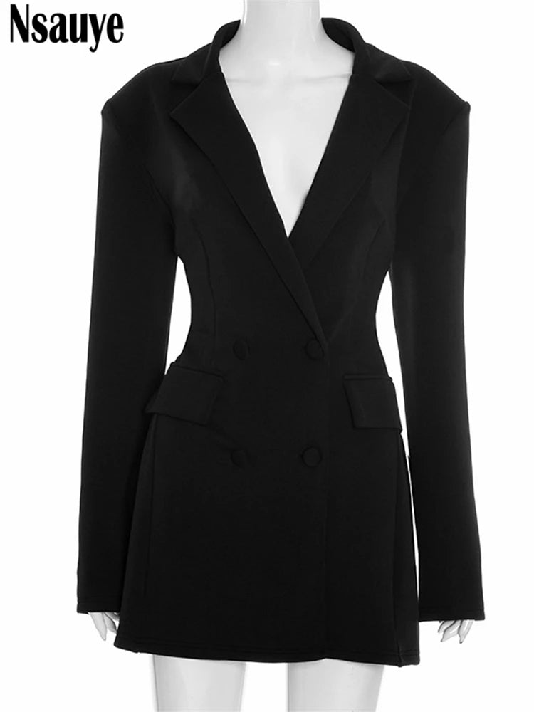 Nsauye Elegant A-Line Short Fashion Evening Black Blazer V Neck Dress Women Winter Clothes Outfits Sexy Night Club Party Dress