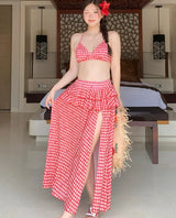 Large Size Summer New Long Skirt Four-piece Seaside Vacation Bikini Split Swimsuit Women Sexy Fashion Red Plaid Swimwear Sets