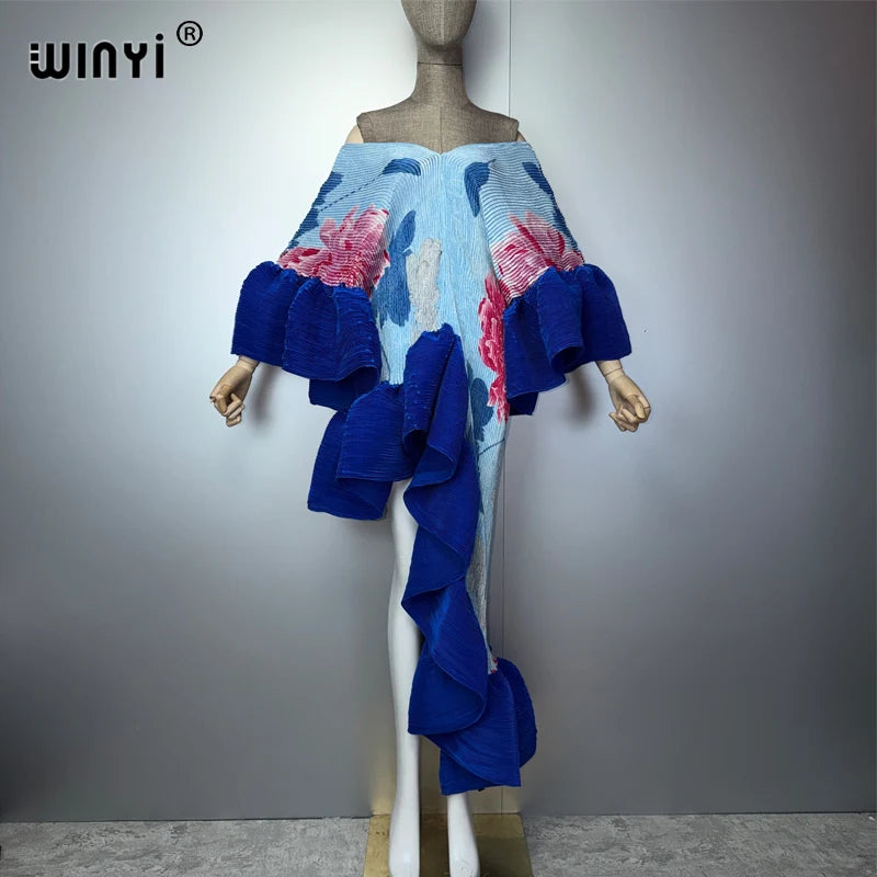 WINYI Summer Pleated Elastic Irregular Dress for Woman Beach Cover Up Abaya Dubai Luxury Party Dresses Boho Evening Dress Luxury