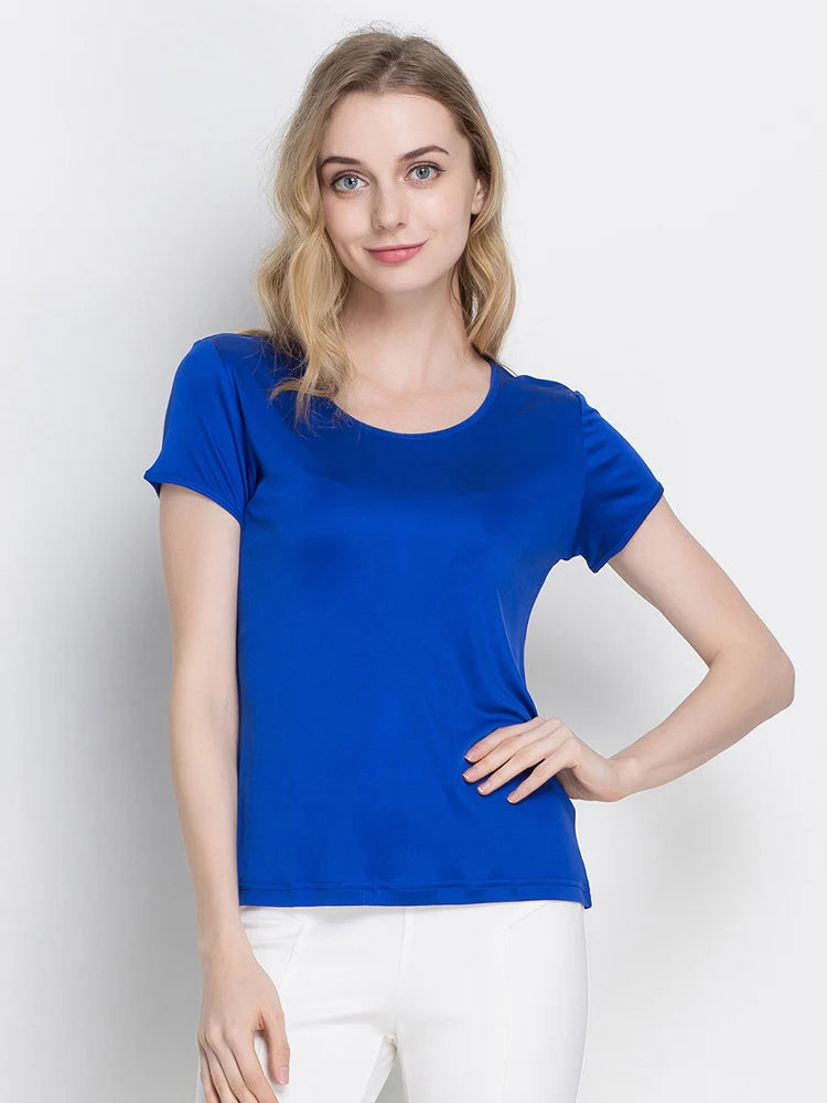 SuyaDream Woman Silk T Shirt Knitted Real Silk Short Sleeved O Neck Solid Basic Tee Simple Summer Top Black White