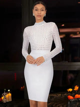 BEAUKEY New Fashion Luxury Diamond Crystal White Bandage Evening Dress Mesh Sexy See Through Elastic Slim Party Dress Vestidos