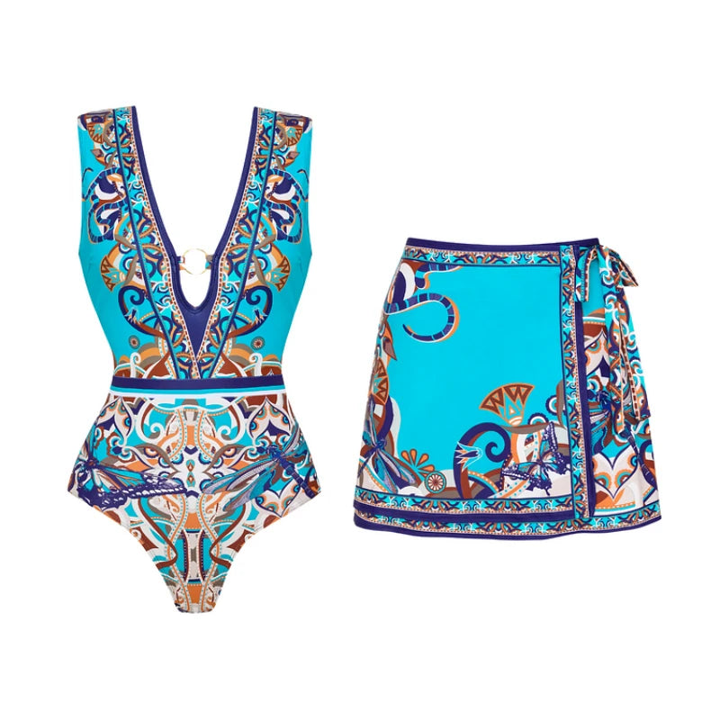 Flaxmaker One Piece Swimsuit and Pants Summer Vintage Swimwear Sexy Butterfly and Dragonfly V-neck Hollow Print Beachwear