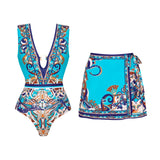 Flaxmaker One Piece Swimsuit and Pants Summer Vintage Swimwear Sexy Butterfly and Dragonfly V-neck Hollow Print Beachwear