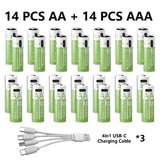 1.5V AA/AAA Li-ion Batteries 13600+6800mAh Ultra-Fast Charge 2000+ Cycles W/ Free USB-C Cable for Toys, Remote Controls, Cameras