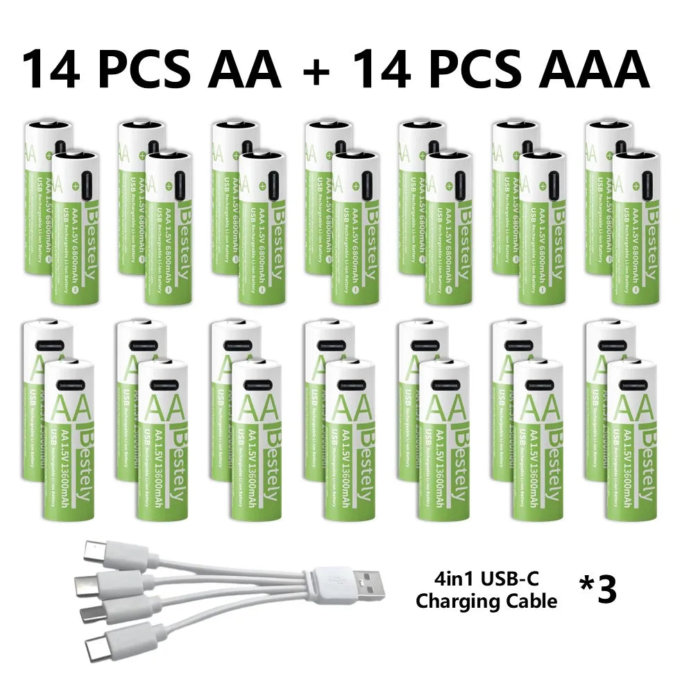 1.5V AA/AAA Li-ion Batteries 13600+6800mAh Ultra-Fast Charge 2000+ Cycles W/ Free USB-C Cable for Toys, Remote Controls, Cameras