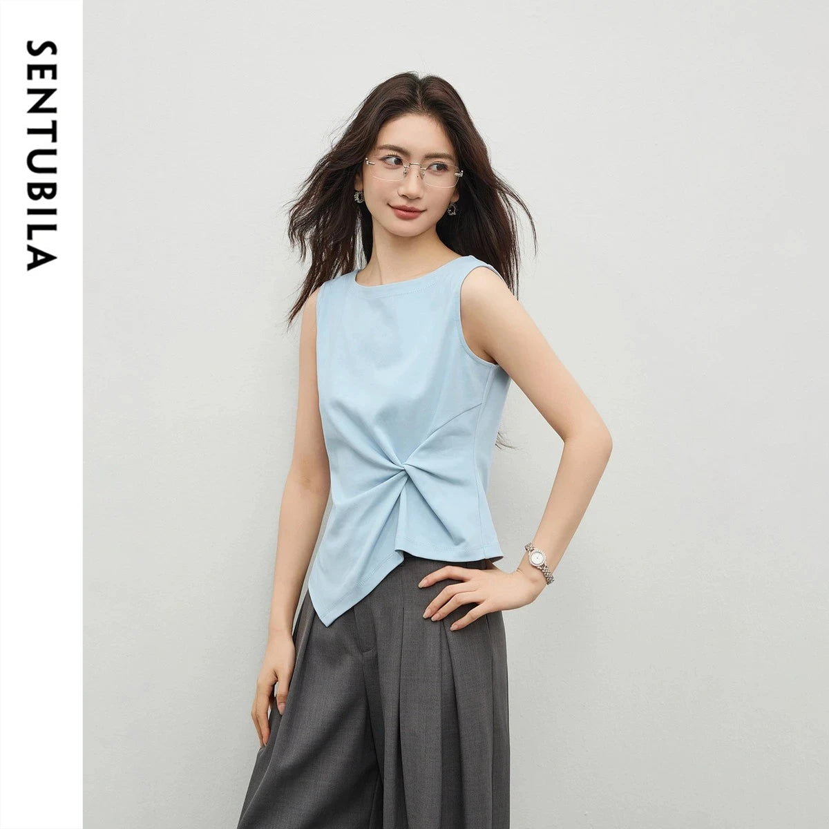 SENTUBILA Women's Summer Tank Tops 2026 Casual Cotton Sleeveless Tee Slim Fit Twist Asymmetrical Hem T-shirts Woman 162TA5638
