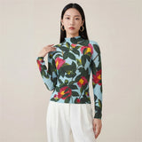 LANMREM Flower Printting Pleated Women's T-shirt High Elastic Slimming Design Stand Collar Long Sleeve Pullover Tops 2DB6574