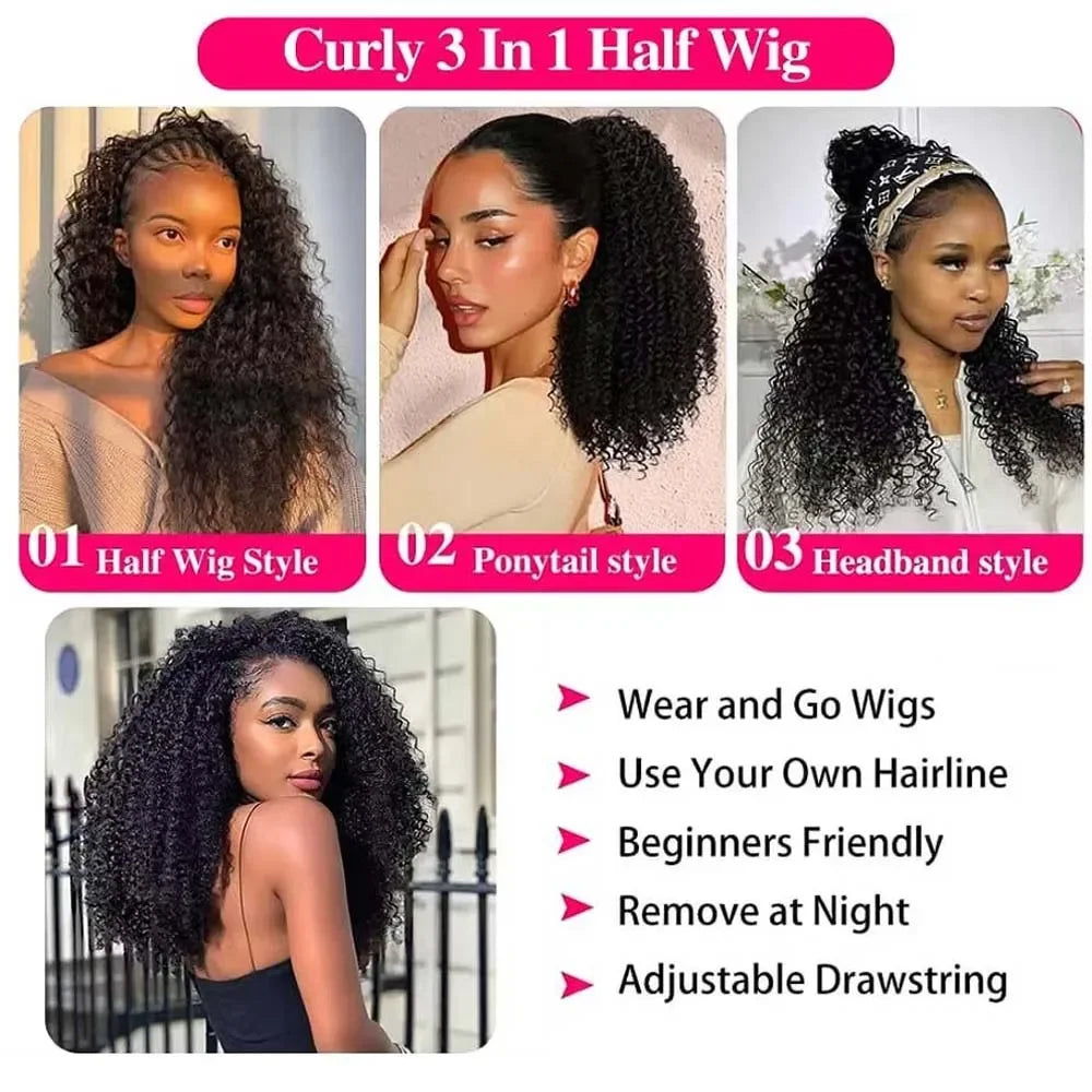 Upgrade 3 IN 1 Half Wig With Drawstring Seamless Clip Ins Flip Over Kinky Curly Wig 200% Density Curly Half Wigs for Women hair