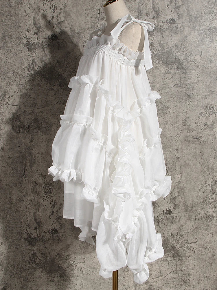 [EAM] Women Irregular Ruffles Spaghetti Strap Dress New Round Neck Long Sleeve Loose Fit Fashion Tide Spring Autumn 2026 1W571