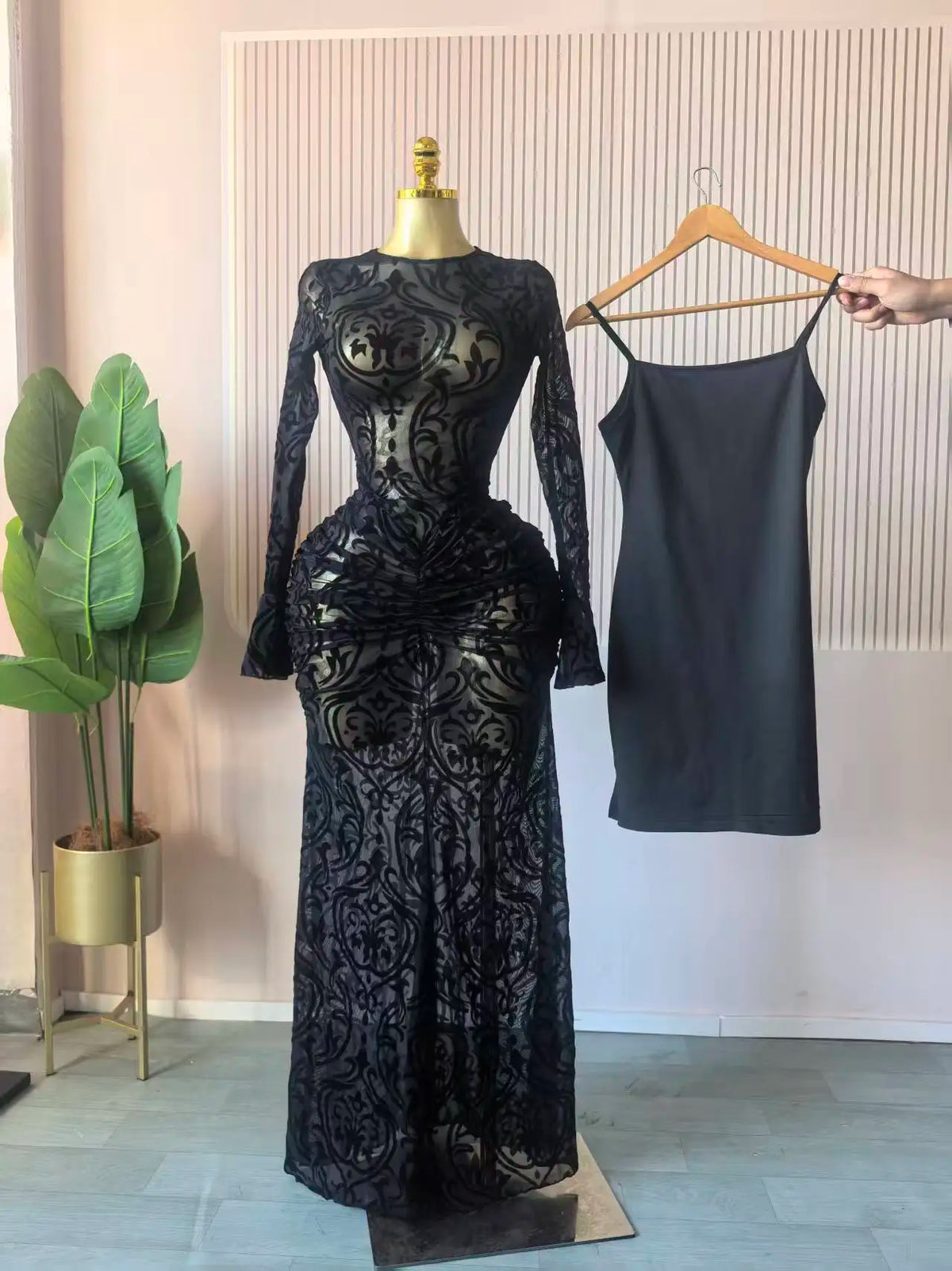 CM.YAYA Women Long Sleeve Stacked Mesh with Lining Bodycon Cocktail Long Dress 2025 Autumn Evening Birthday Sexy Party Dresses