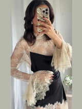 Elegant Lace Patchwork Satin Mini Dress For Women Chic Irregular Hem Long Sleeve Dresses 2026 Chic Lady Evening Party Vestidos