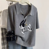 Women's Clothing Cartoon Jacquard Loose T-shirt Summer Casual Knit Short Sleeve Tees Lady Basic Large Size turn-down Collar Tops