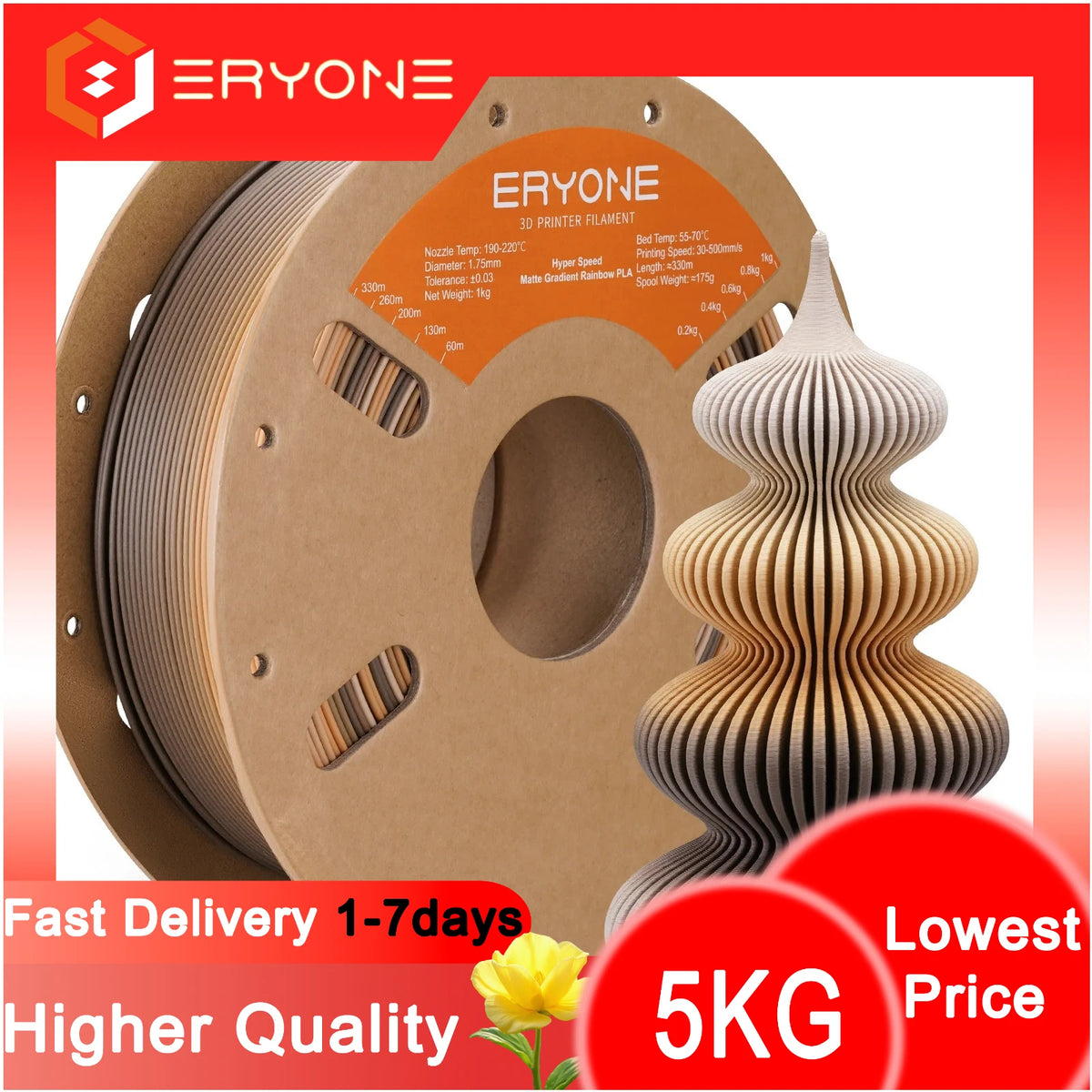 ERYONE 5KG Hyper Speed Matte Gradient Rainbow PLA Filament 1.75mm 3D Print,Max Print Speed:500mm/s,Multicolor,1KG/Spool