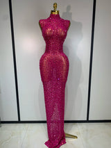 Sparkly Gold Rhinestone Sleeveless Stretch Long Dress Women Sexy Mesh Celebrate Evening Prom Birthday Dress Photo Shoot Wear