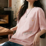 Maden Women's Casual Loose Embroidery T-Shirt Crew Neck Drop Shoulder Pocket Pink Mid Sleeve Soft Breathable Daily Summer Top