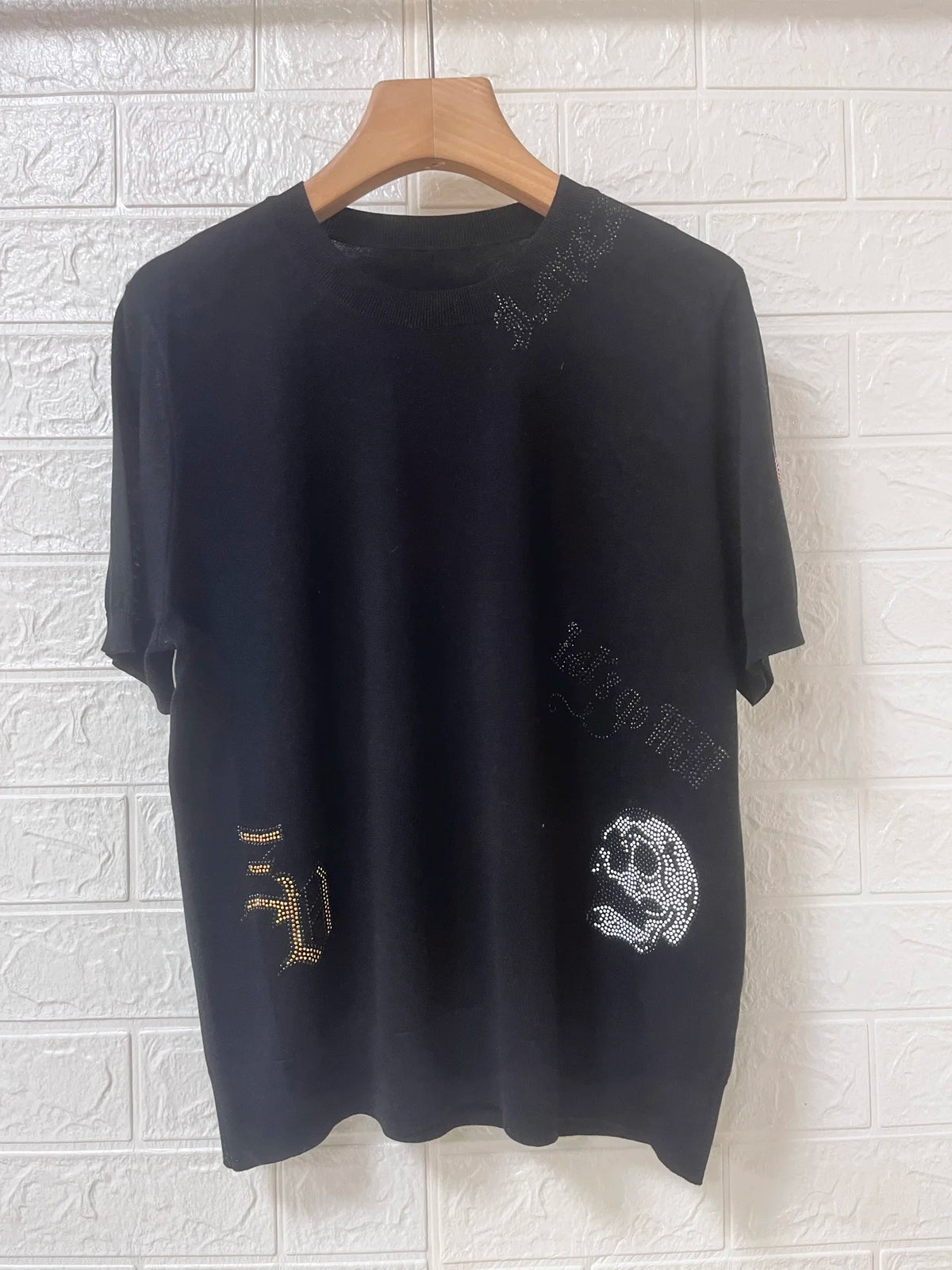 2026 Spring Summer Women Knit Thin Tshirt Skull Letter Rhinestone Short-sleeved Lady Round Neck Casual Knitted Tee