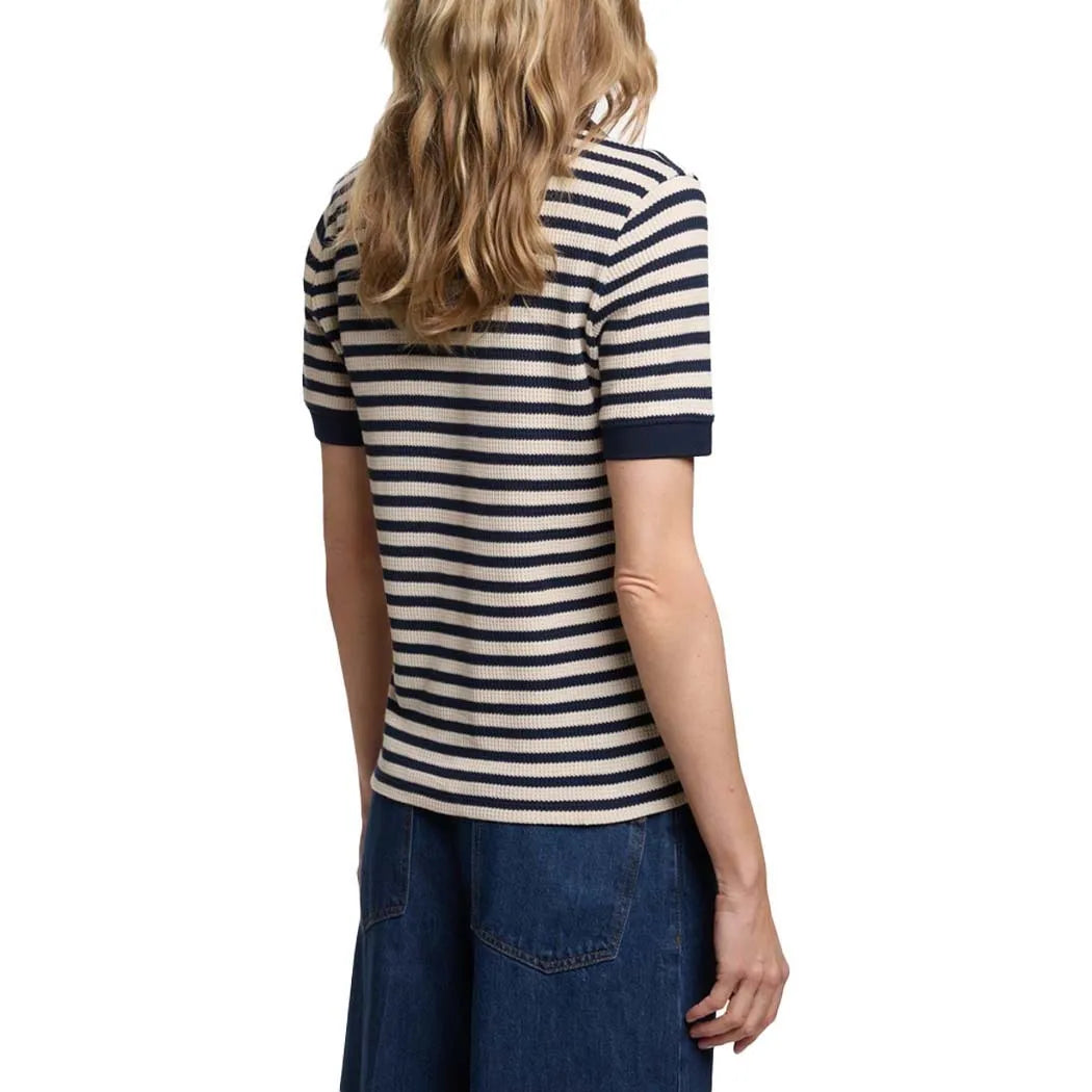 CHCH Women Stripe Tops Summer Embroidery Short Sleeve Casual Simple Classics Patchwork Knitted T-Shirt Office Ladies Tees