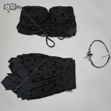 Meowcos.com Women’s Goth Bikini Swimsuit Flocked Butterfly Swimsuit Set with Choker Top Skort Bathing Suit for Beach Pool