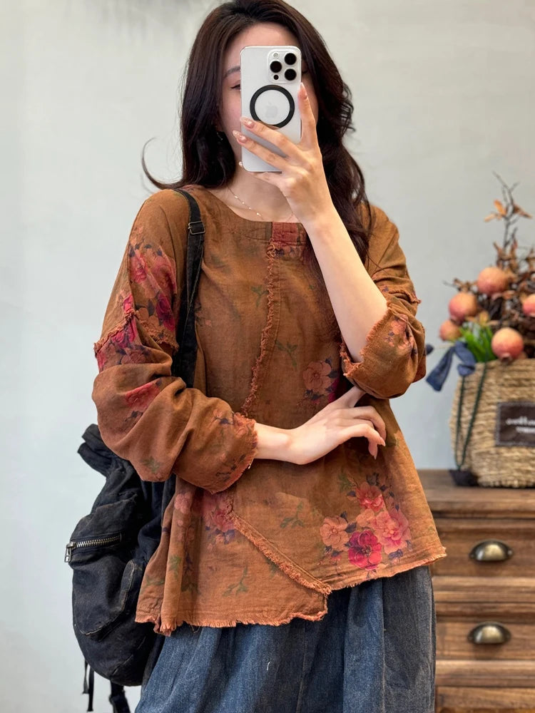Amax LuluE 2026 Vintage Design Clothes Women Chinese Fashion Tshirts Loose Casual Floral Tops Ladies Classic Printed O Neck Tees