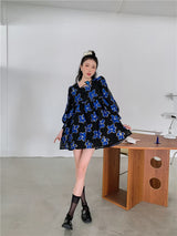 CHEERART Organza Jacquard Royal Blue Puff Sleeve Floral Fairy Dress For Women Long Sleeve Square Neck Tulle Dress Autumn Clothes
