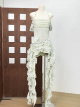Women Sexy Short Dress Three Piece Sets Sexy Halter Neck Folds Ruffled Dress+Lace-up Corset Top+Shorts Suits Party Cocktail