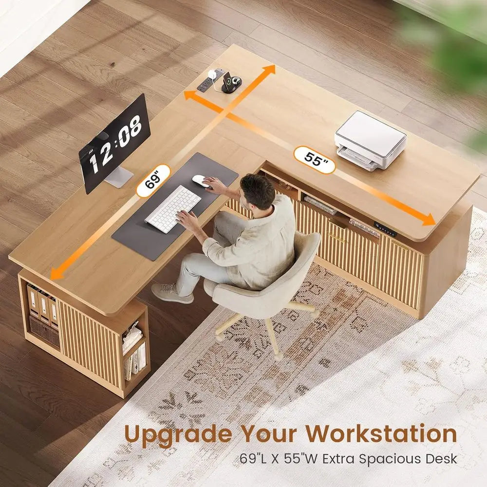 69 x 55 L-Shaped Electric Desk with 4 Drawers, Storage & Power Outlet, Oak Finish for Home Office