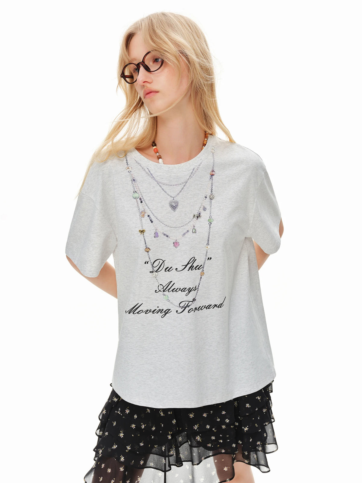 DUSHU 2026 Summer Women's Printed Relaxed Fit Round Neck T-Shirt - Breathable and Lightweight for Summer and Outdoor Outings