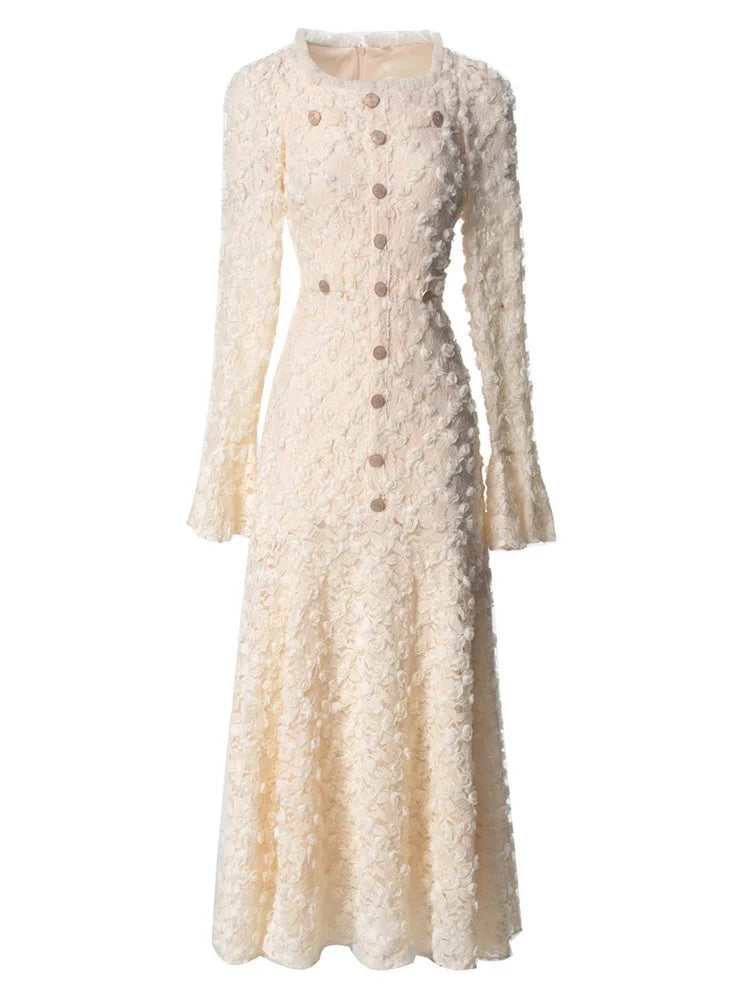 QMQA Fashion Women's Elegant Dresses Three-dimensional Floral Square Collar Long Sleeved Princess Style Dress Autumn New 1A232
