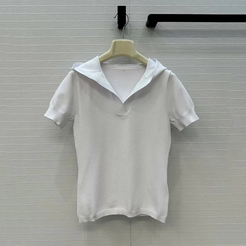 Women's t-shirt New elastic knitted short sleeved top for autumn 2025 Hooded slim fit V-neck pullover Women's corset y2k hoodie