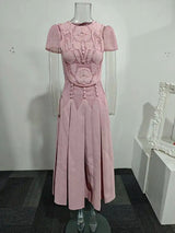 DEAT Elegant Dress Embossed Hollowed-out Short Sleeved Pleated A-line Women's Evening Party Dresses 2026 Summer New Tide 35Z4328
