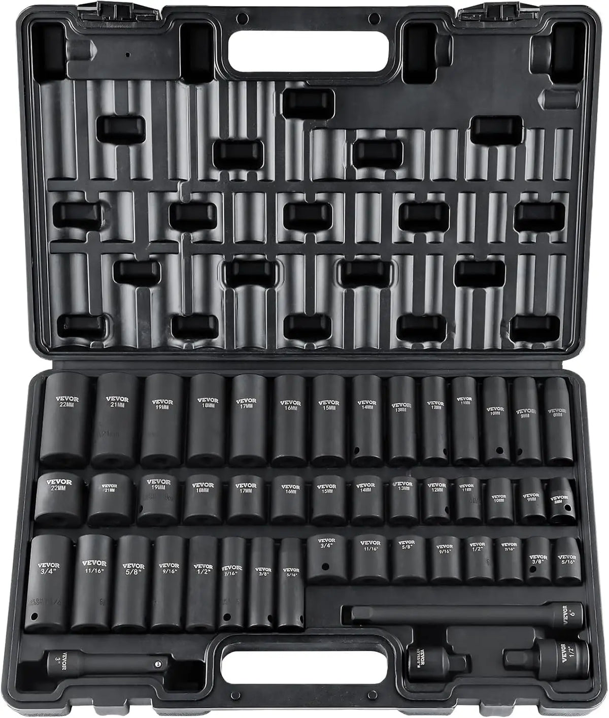 48-Piece 3/8" Drive Impact Socket Set with SAE/Metric Sizes, Deep & Shallow, Extension Bar & Adapters