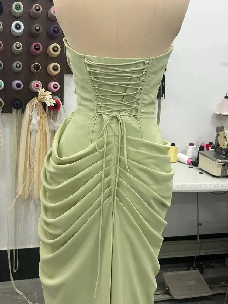 DEAT Fashion Ruched Slit Strapless Dresses Women's Sleeveless Bodycon Yellow Maxi Party Dresses New 7A4256