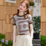 LOUIS YAO Fashion Printed Short Sleeve Shirts 2025 Summer New Basic Style Round Neck Shoulder Slightly Stretchy Women's T-shirt
