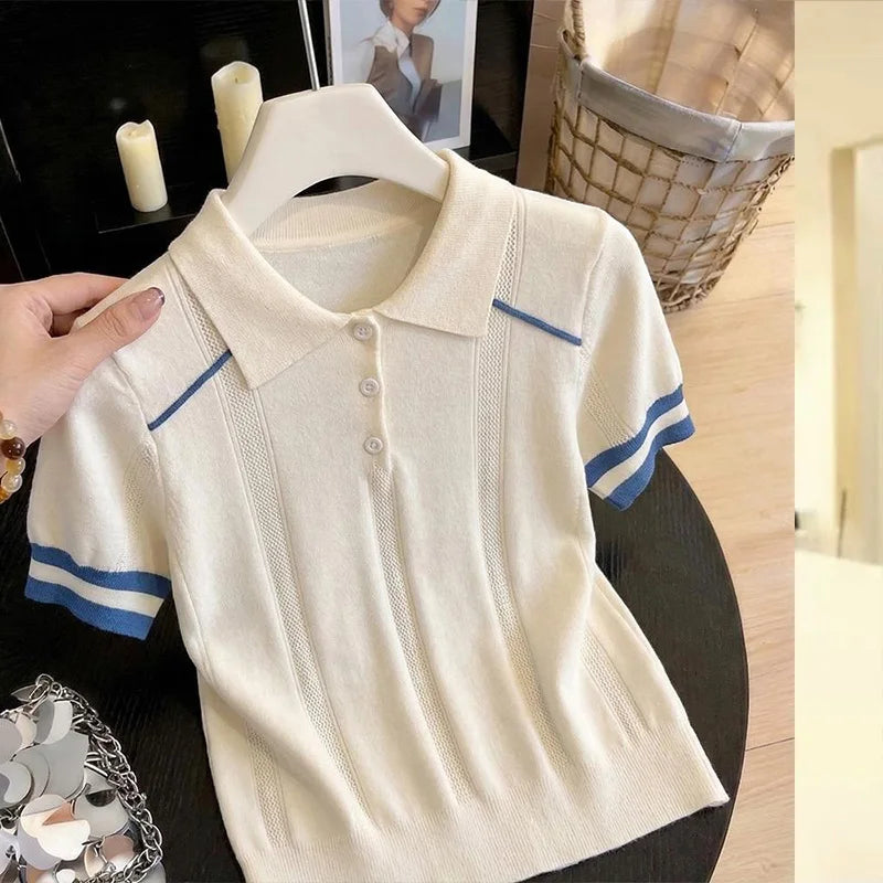 Women's Clothing Cool Silk T-shirt Summer Loose Knit Stripe Short Sleeve Casual Tee Lady Versatile Turn-down Collar Pullover Top