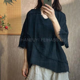 2026 New Arrival Summer Arts Style Women Batwing Sleeve Vintage Loose Tops Tees Patchwork Design Cotton Linen Plaid T-shirt F69