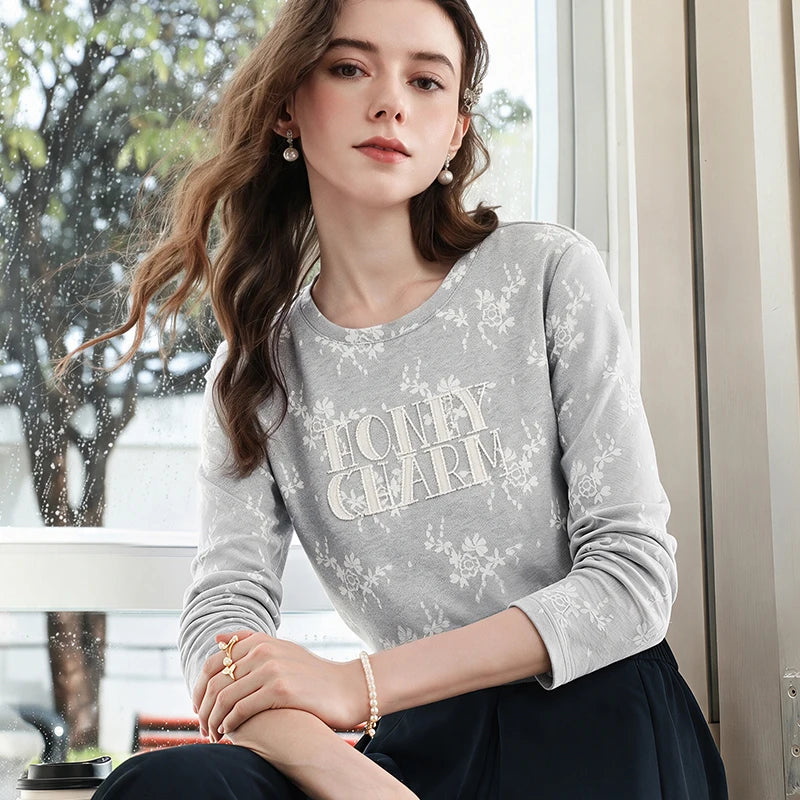 I BELIEVE YOU Grey Floral Embroidery Long Sleeve T-Shirt for Women 2026 Autumn Crew Neck Splicing Lace Casual Top 2263016550
