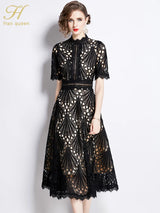 H Han Queen Spring New Elegant Casual Work Party Dresses Floral Crochet Hollow Out Lace Patchwork Casual Office Midi Dress