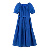 VIMLY Summer Women's Klein Blue Dress 2026 New Short Sleeve A-Line French Tie Waist Puff Sleeve Midi Dresses A5229