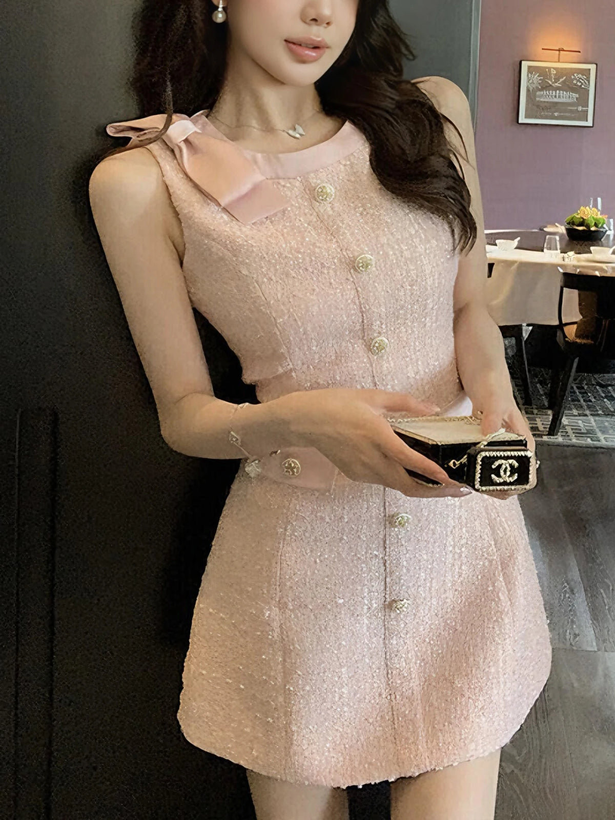 Ele Knot oulder Bared Vest Dr Small Size Luxury High Design Sensation Sle Ladylike Dr
