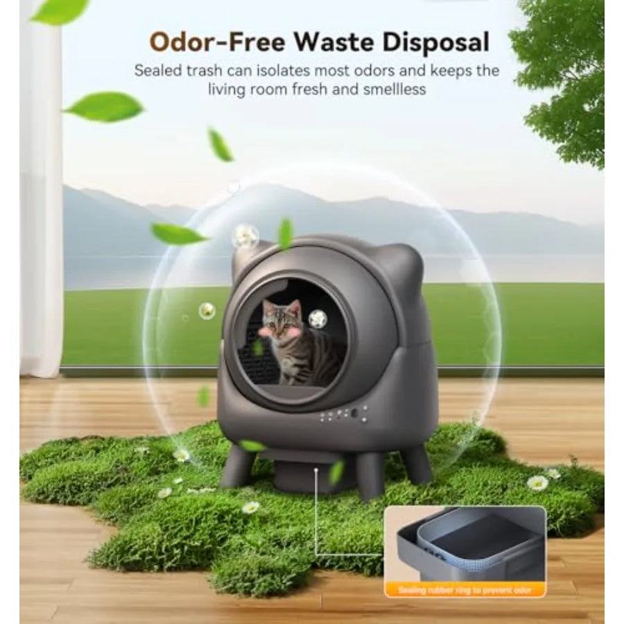 Self Cleaning Litter Box Automatic Litter Box with Odor Control Robot Cat Ears Design 65L APP Real-Time Monitor for Multiple Ca