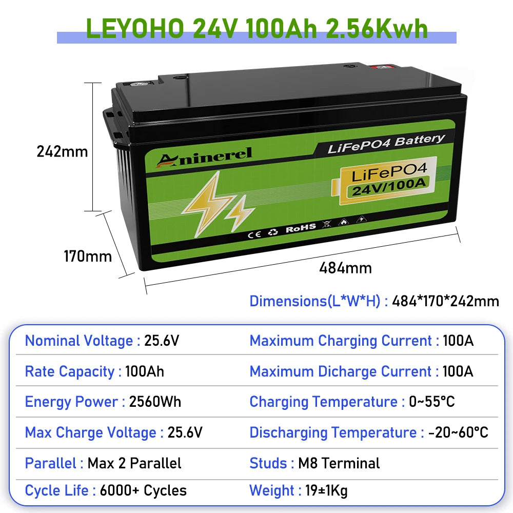 Aninerel 24V 100Ah 2560Wh Lithium LiFePO4 Battery with 100A BMS Perfect for RV Golf Cart Solar Power System Trolling Motor