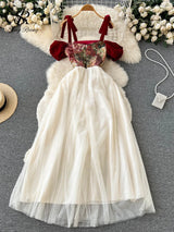 SINGREINY Embroidered Retro Print Camis Dress Women French Style Lace-up Design 2023 Summer Steetwear Mesh Long Party Dress