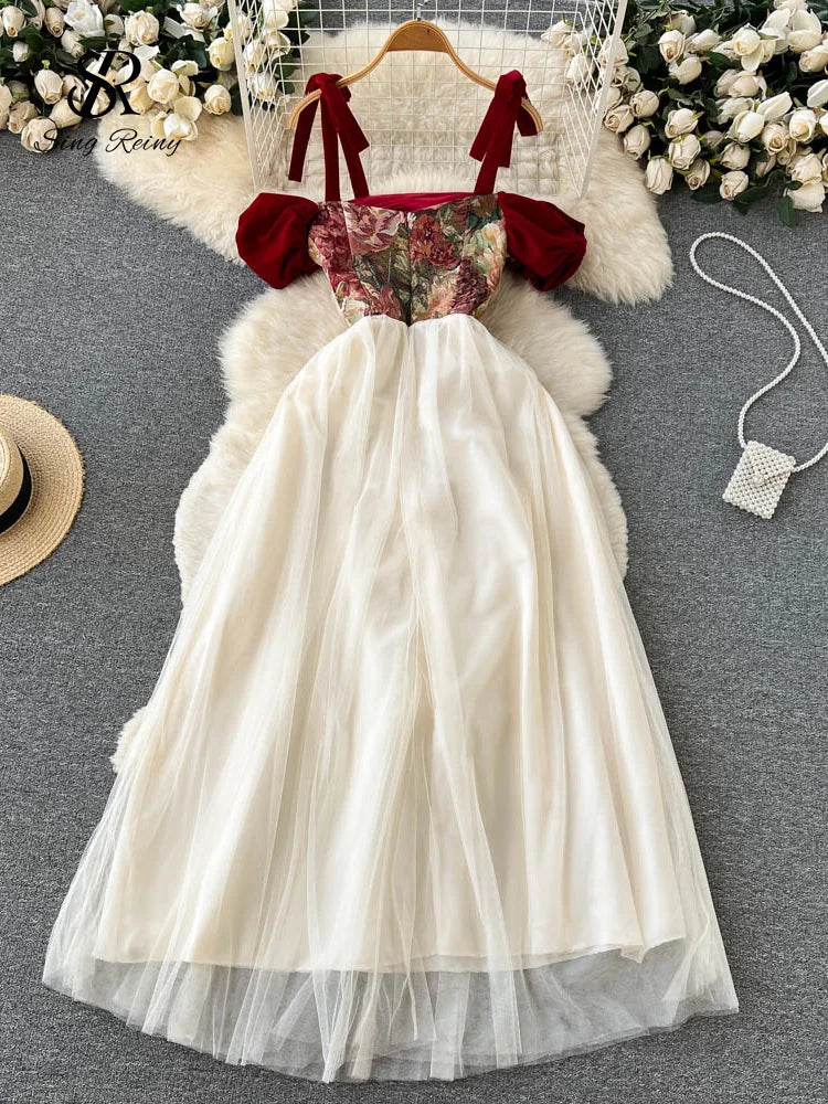 SINGREINY Embroidered Retro Print Camis Dress Women French Style Lace-up Design 2023 Summer Steetwear Mesh Long Party Dress