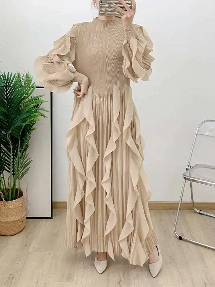 LANMREM Elegant Pleated Dress For Women Stand Collar Puff Sleeves High Stretch Personalized Dresses 2025 Spring New 2Z2817
