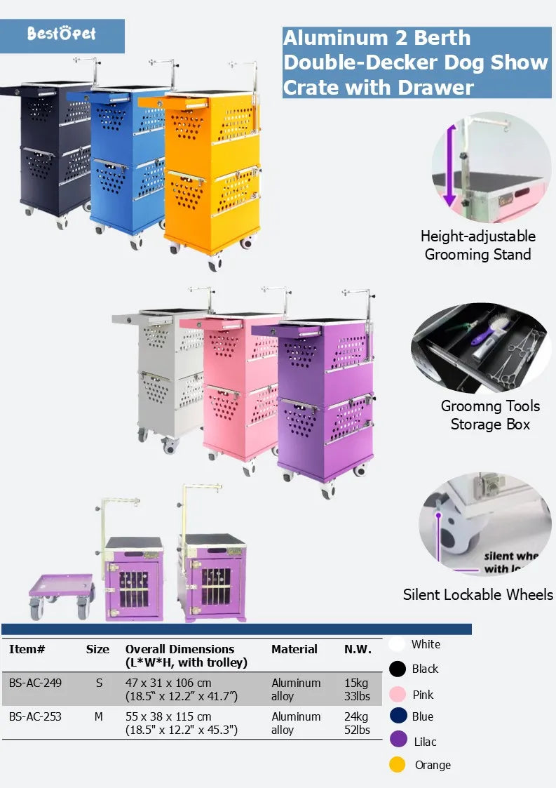 Stackable Lockable Aluminum Two Berth Double Decker Dog Show Cage Set Trolley Grooming Arm Drawer Button