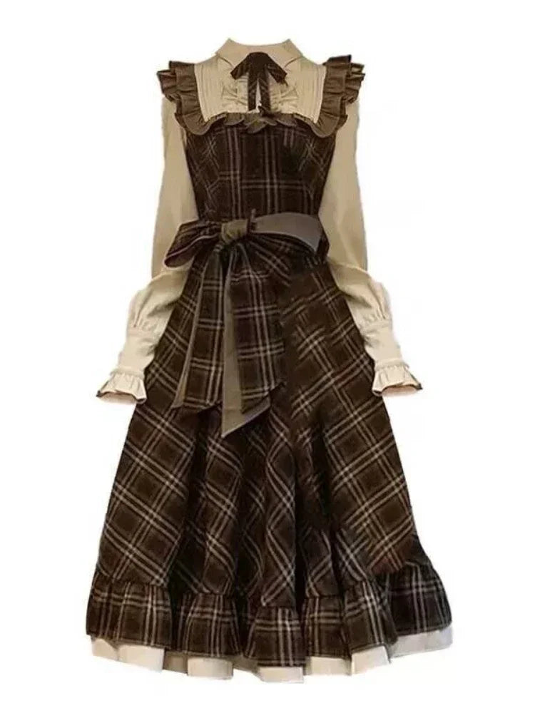 Fake Two-Piece Dress for Women Long Skirt Slim Fit Waist Cinching Vintage Lolita Plaid Bow New Korean Style Fashion Winter 2024