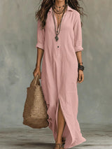 Casual Long Sleeve Loose Maxi Dress Women 2026 Summer Solid Color Turn-down Collar Beach Long Dresses Elegant Vestidos