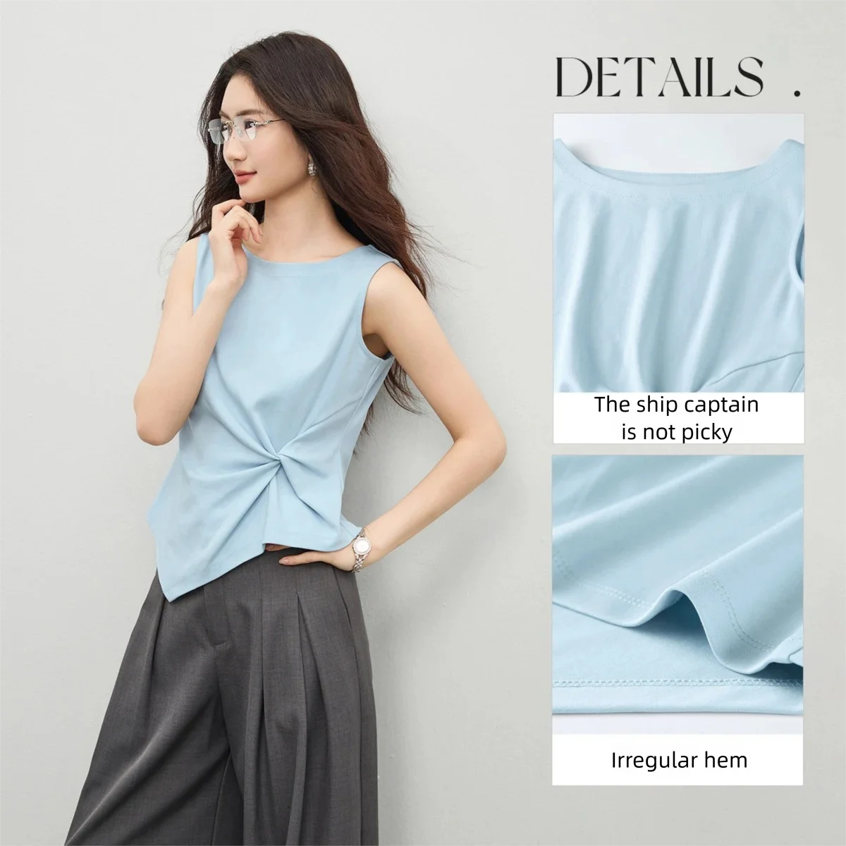 SENTUBILA Women's Summer Tank Tops 2026 Casual Cotton Sleeveless Tee Slim Fit Twist Asymmetrical Hem T-shirts Woman 162TA5638